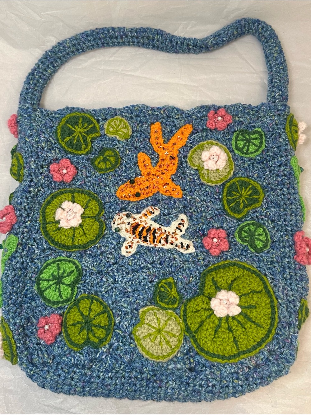 Handmade Blue Crocheted Lily Pad Tote with Embroidered Fish